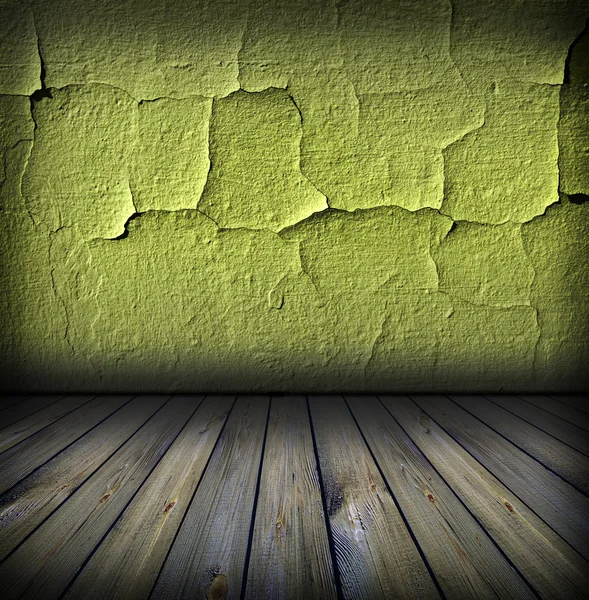 Quarto verde vintage escuro com piso de madeira — Fotografia de Stock