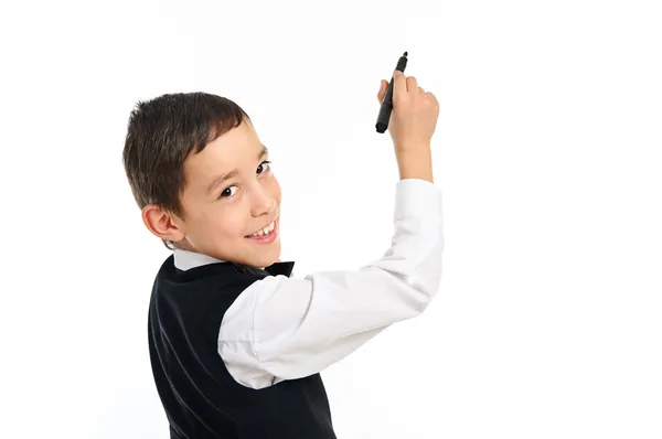 Шкільний хлопчик бореться або малює ручкою ізольовано на білому — стокове фото