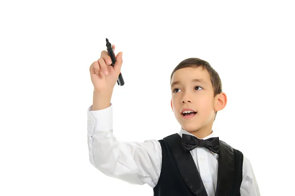 School boy wrighting with pen isolated on white — Stock Photo, Image