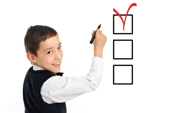School boy wrighting checkboxes with pen isolated on white — Stock Photo, Image