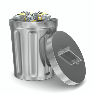 Garbage basket with dollars on white background. Isolated 3D ima clipart