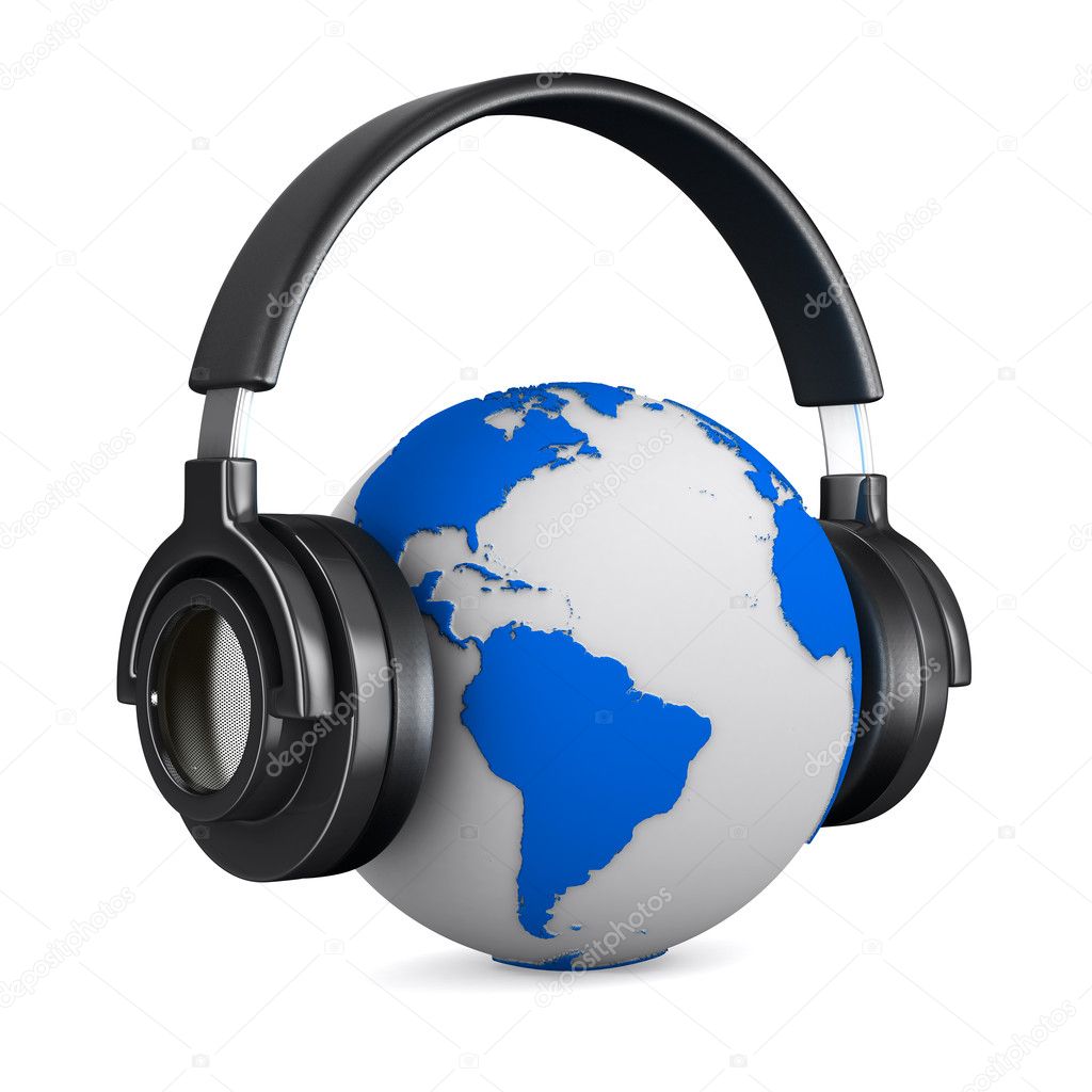 Headphone and globe on white background. Isolated 3D image