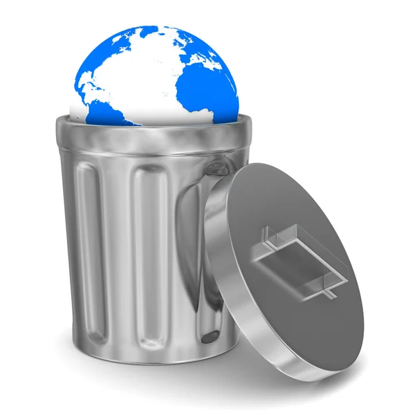 Globo em cesta de lixo no fundo branco. Imagem 3D isolada — Fotografia de Stock