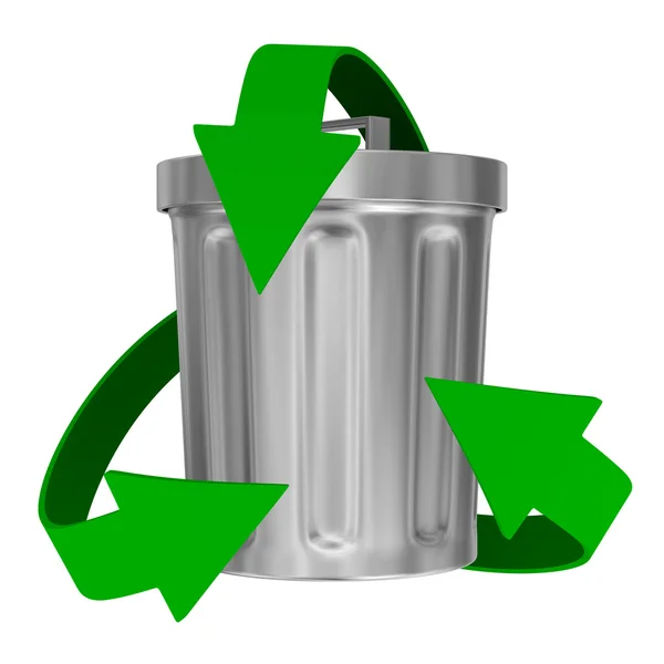 Recykling, strzałki i kosz na śmieci. na białym tle obraz 3d — Zdjęcie stockowe
