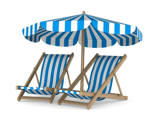 两个躺椅和白色背景上的阳伞。孤立的 3d 图像 — 图库照片