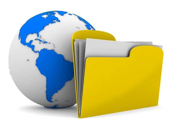 Żółty komputer folder i świata na białym tle. 3 na białym tle — Zdjęcie stockowe