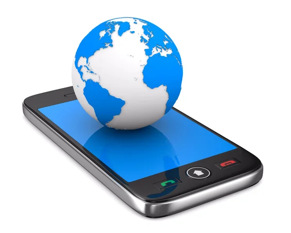 Telefono e globo su sfondo bianco. Immagine 3D isolata — Foto Stock