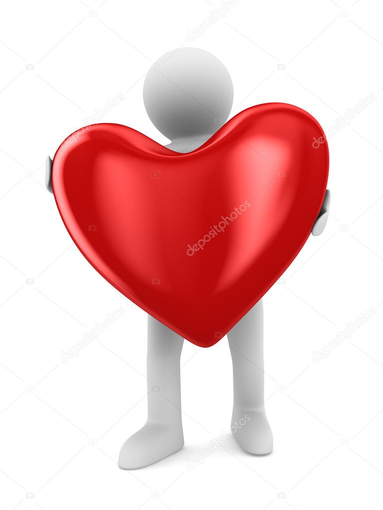 Man and heart on white background. Isolated 3D image
