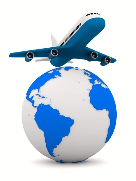 Vliegtuig en globe op witte achtergrond. geïsoleerde 3D-beeld — Stockfoto
