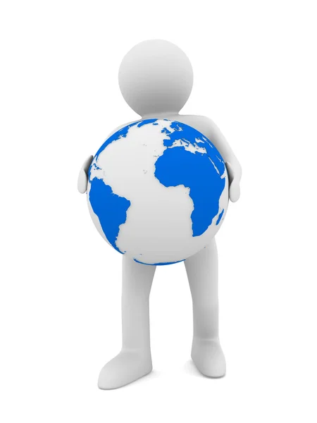 Mens en globe op witte achtergrond. geïsoleerde 3D-beeld — Stockfoto