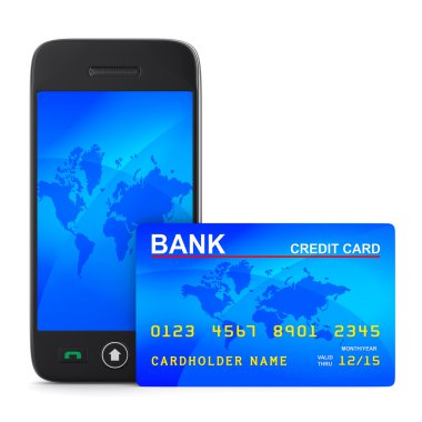 Telefon ve kredi kartı beyaz arka planda. İzole edilmiş 3B resim