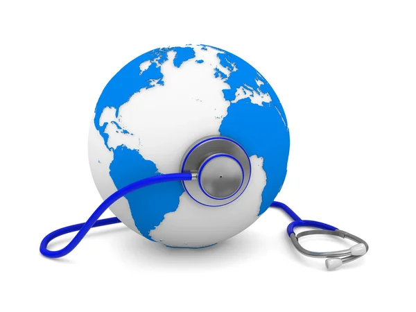 Stethoscope and globe on white background. Isolated 3D image — Stock Photo, Image