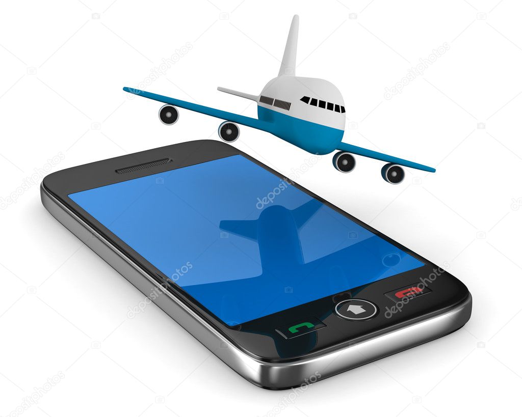 Phone and airplane on white background. Isolated 3D image