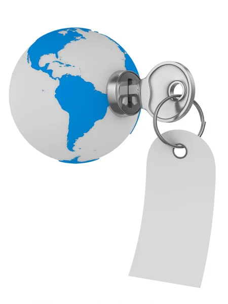 Wereld en de sleutel op witte achtergrond. geïsoleerde 3D-beeld — Stockfoto