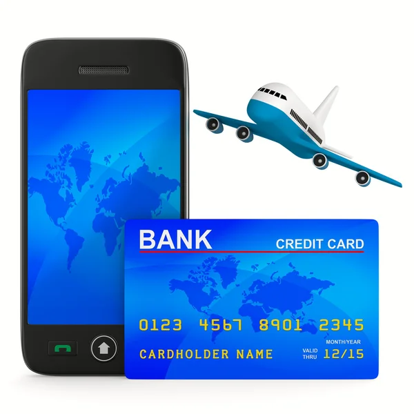 Telefon, kredittkort og fly. Isolert 3D-bilde – stockfoto