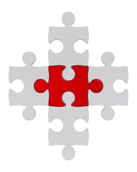 Weißes Puzzle und ein rotes. isoliertes 3D-Bild — Stockfoto