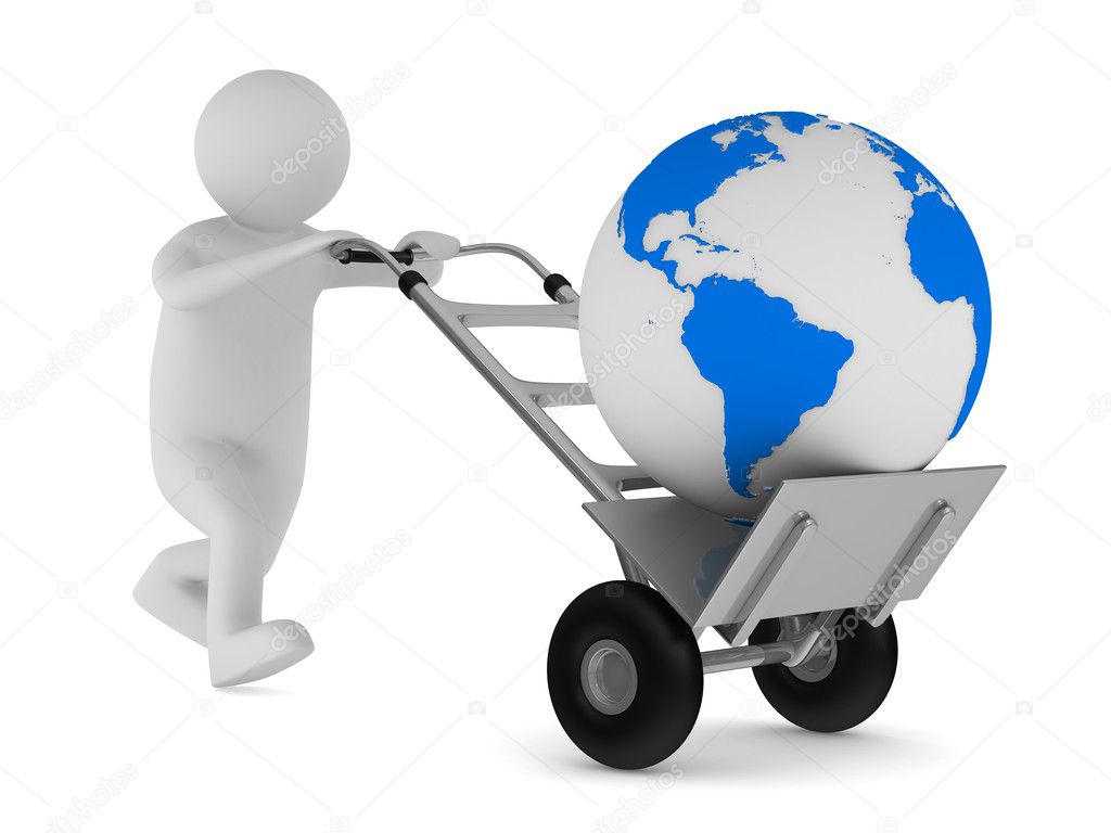 Hand truck and globe on white background. Isolated 3D image