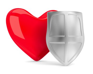 Heart and shield on white. Isolated 3D image clipart