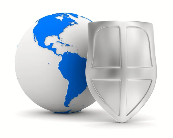 Globo e escudo sobre fundo branco. Imagem 3D isolada — Fotografia de Stock