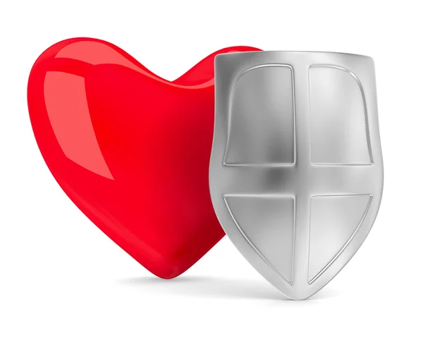 Coração e escudo em branco. Imagem 3D isolada — Fotografia de Stock