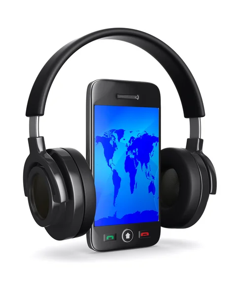 Telefon und Kopfhörer auf weißem Hintergrund. isoliertes 3D-Bild — Stockfoto