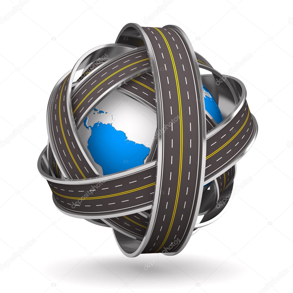 Roads round globe on white background. Isolated 3D image