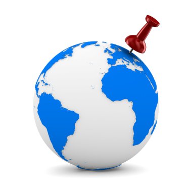 Red thumbtack on globe. Isolated 3D image clipart