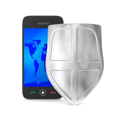 Phone and shield on white background. Isolated 3D image clipart