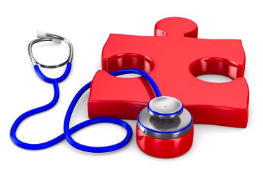 Stethoscope and puzzle on white background. Isolated 3D image clipart