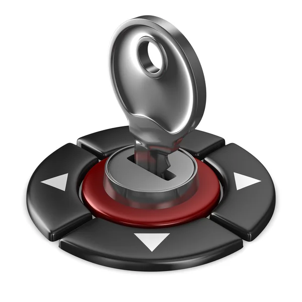 Красная кнопка и клавиша на белом фоне. Изолированное 3D изображение — стоковое фото