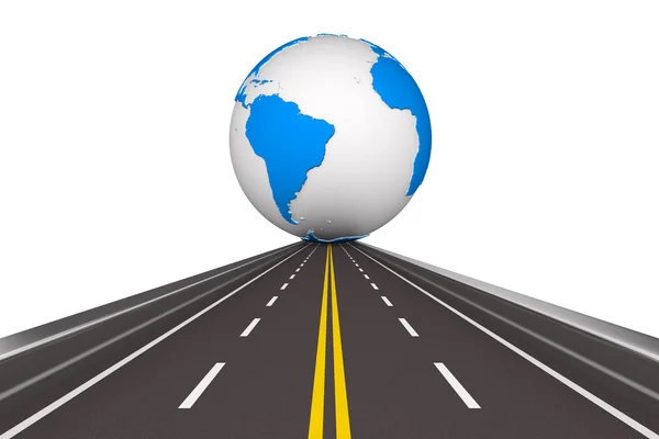 Carretera alrededor del globo sobre fondo blanco. Imagen 3D aislada — Foto de Stock
