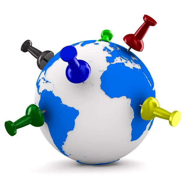 Multicolor thumbtacks on globe. Isolated 3D image — Stock Photo, Image