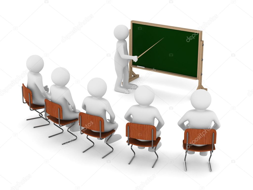 Teacher with pointer at blackboard. Isolated 3D image