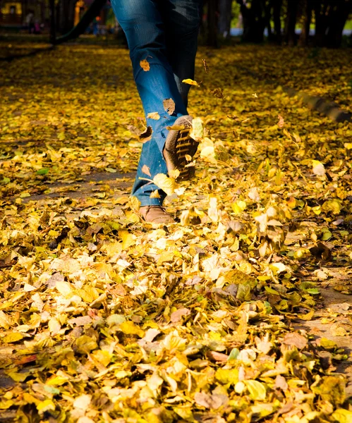 Feet walking through brightly colored fall leaves on the ground. — Stock Photo, Image