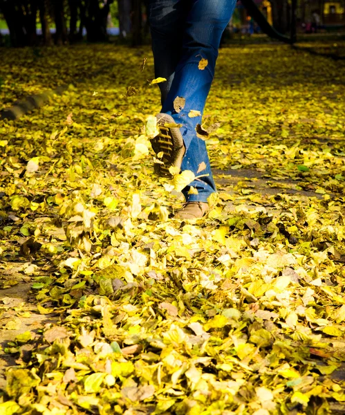 Piedi che camminano attraverso foglie autunnali colorate sul terreno . — Foto Stock