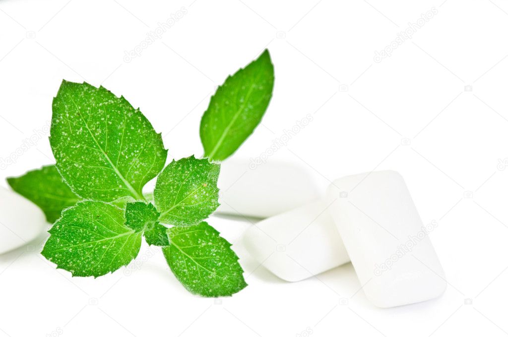 Chewing gym and fresh leaves of mint on a white background
