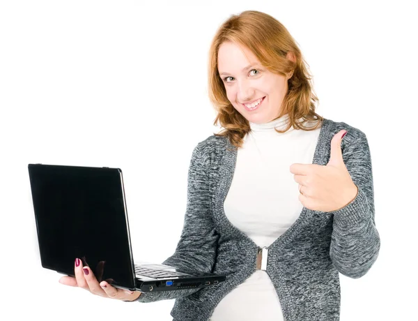 Chica con portátil. Aislado sobre fondo blanco — Foto de Stock