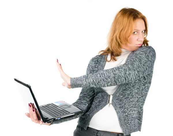 Menina não deseja trabalhar no computador portátil — Fotografia de Stock