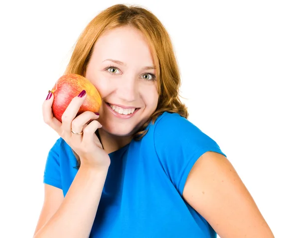 Portrait of young beauty woman with red apple — Stock Photo, Image