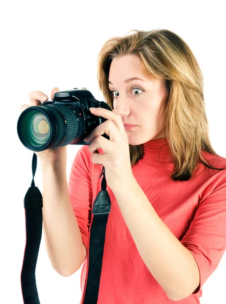 Молода жінка з фотокамерою — стокове фото