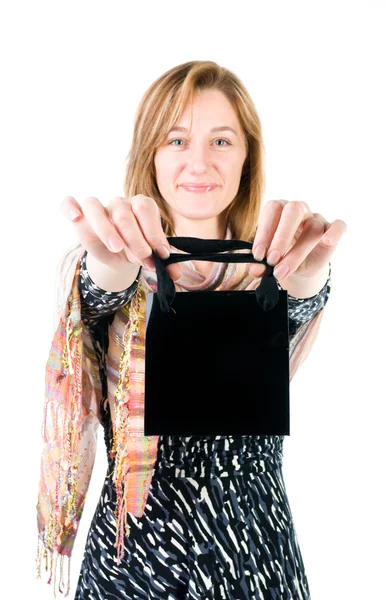 Mujer joven feliz con bolsa de compras —  Fotos de Stock