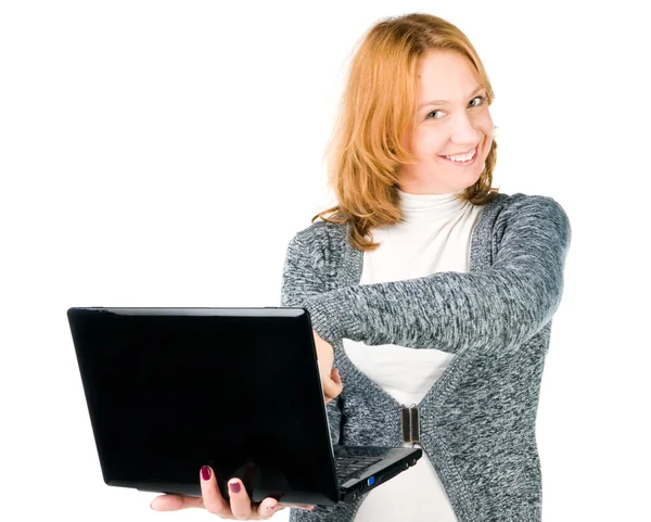 Flicka med laptop. isolerad på vit bakgrund — Stockfoto