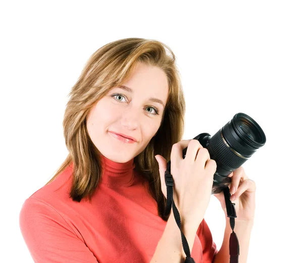 Young girl with photocamera isolated on white — Stock Photo, Image