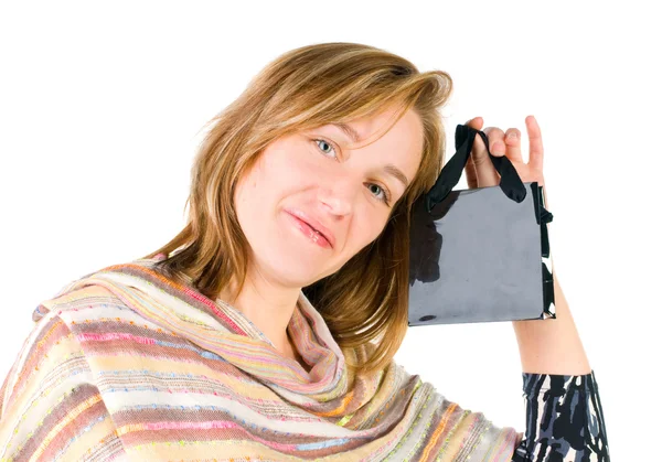 Joyeux jeune femme avec sac à provisions — Photo