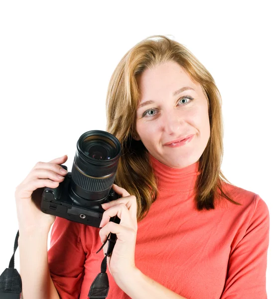 Photocamera üzerinde beyaz izole ile genç kız — Stok fotoğraf