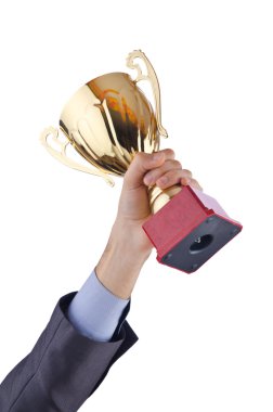 Hands with winners cup on white clipart