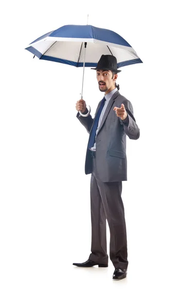 Empresario con paraguas en blanco — Foto de Stock
