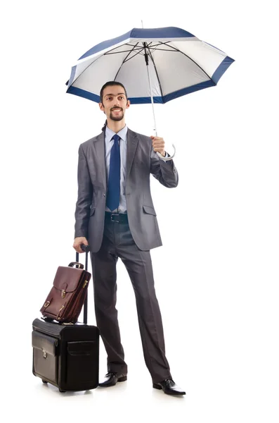 Businessman with umbrella on white — Stock Photo, Image