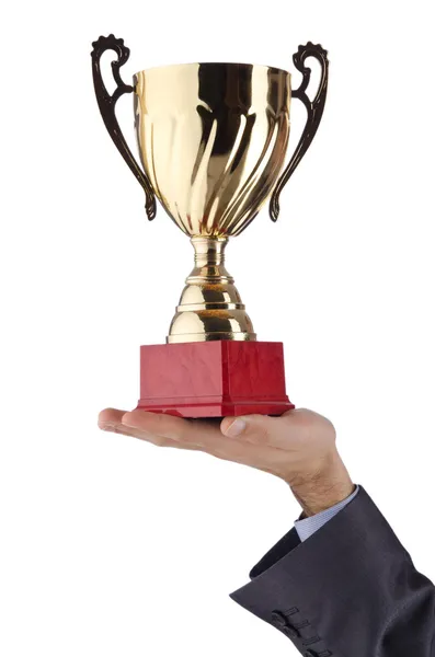 Man being awarded with golden cup — Stock Photo, Image
