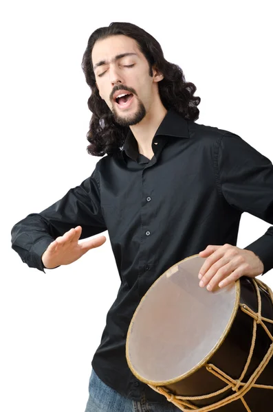 Drummer with drum playing on white — Stock Photo, Image